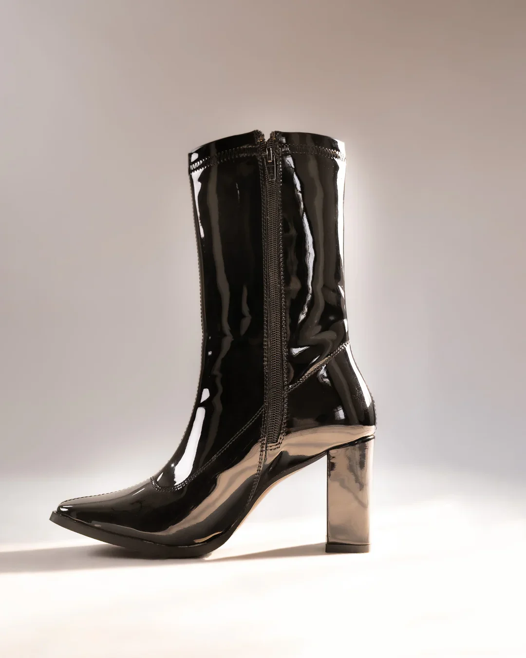 Block Heel Front Zip Solid Mid-Calf Boots in Black - Image 2
