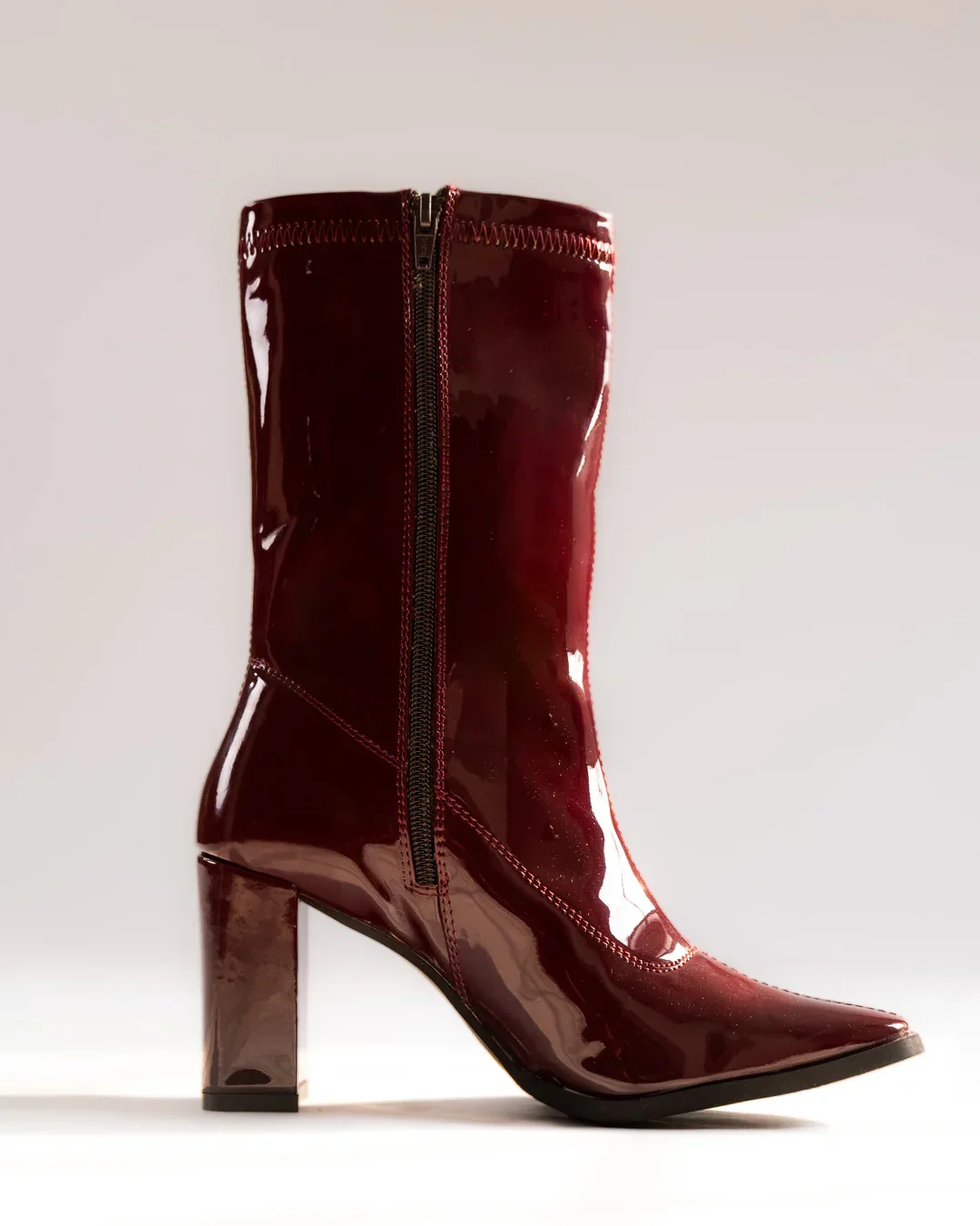 Block Heel Front Zip Solid Mid-Calf Boots in Cherry - Image 2