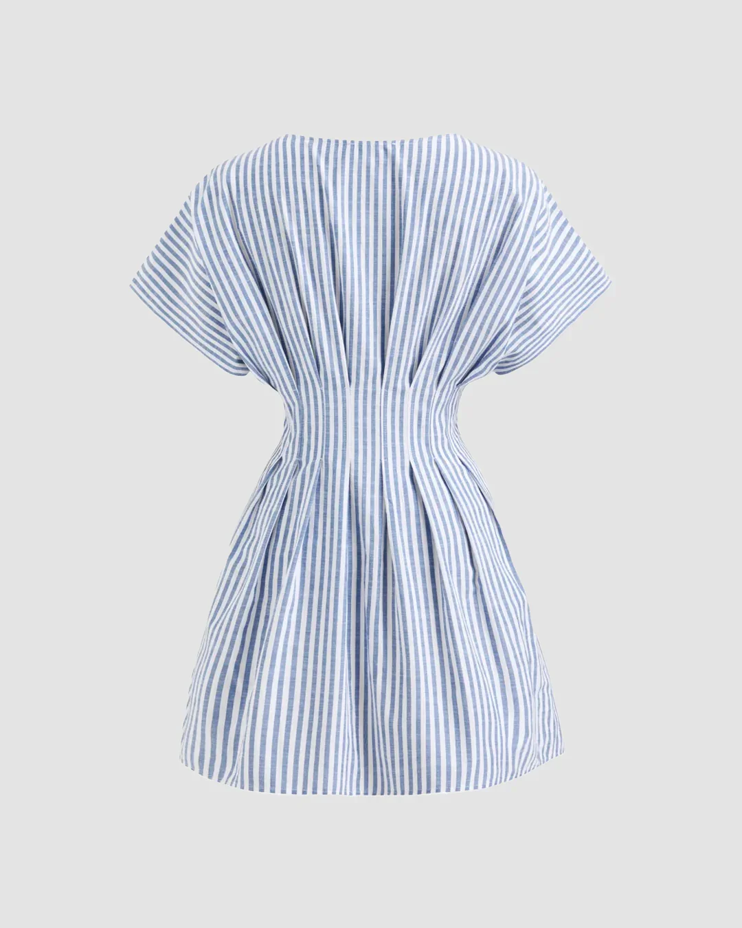 V Neck Flared Button Down Mini Dress in Blue and White - Image 2