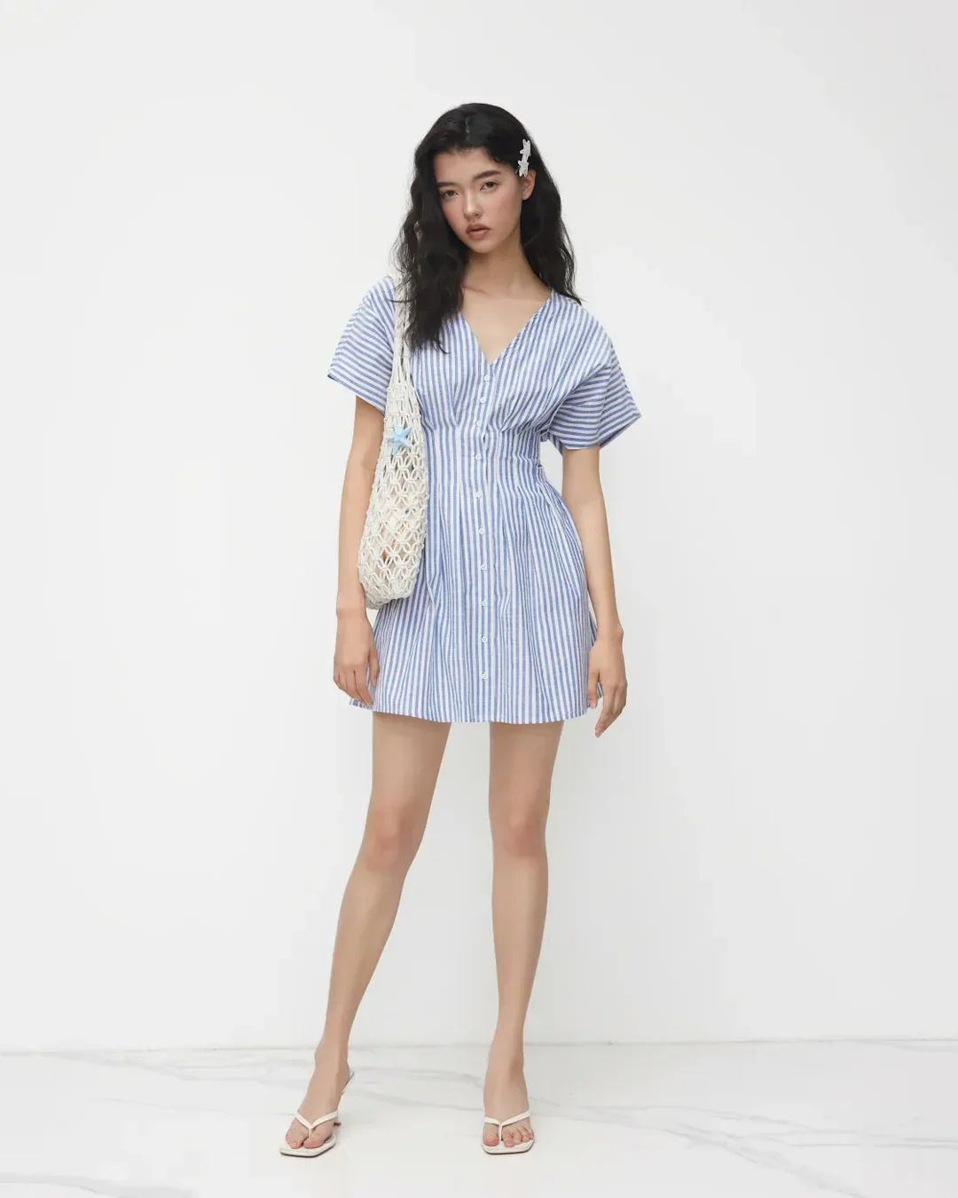 V Neck Flared Button Down Mini Dress in Blue and White - Image 3