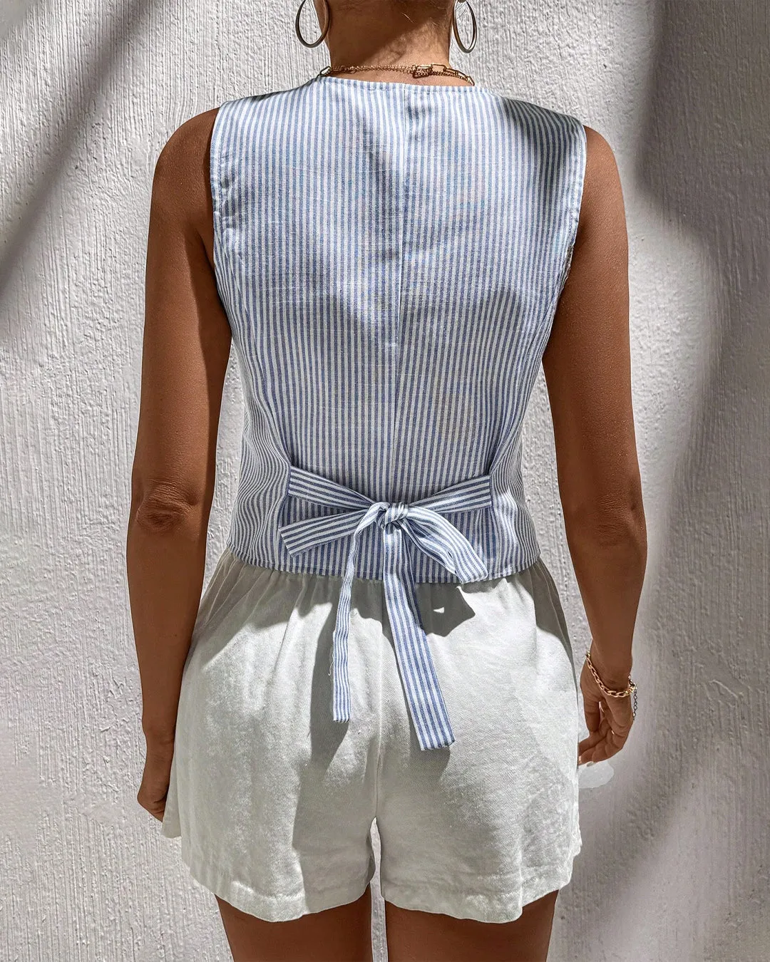 Blue and White Striped Sleeveless Button-Up Vest Top - Image 2