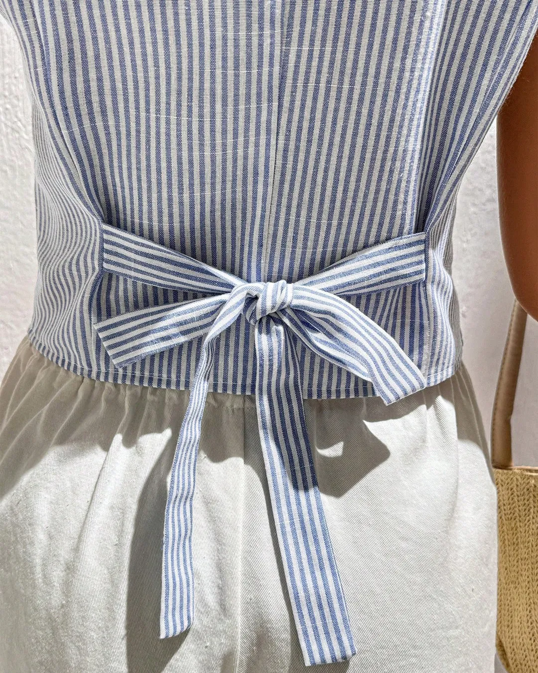 Blue and White Striped Sleeveless Button-Up Vest Top - Image 3