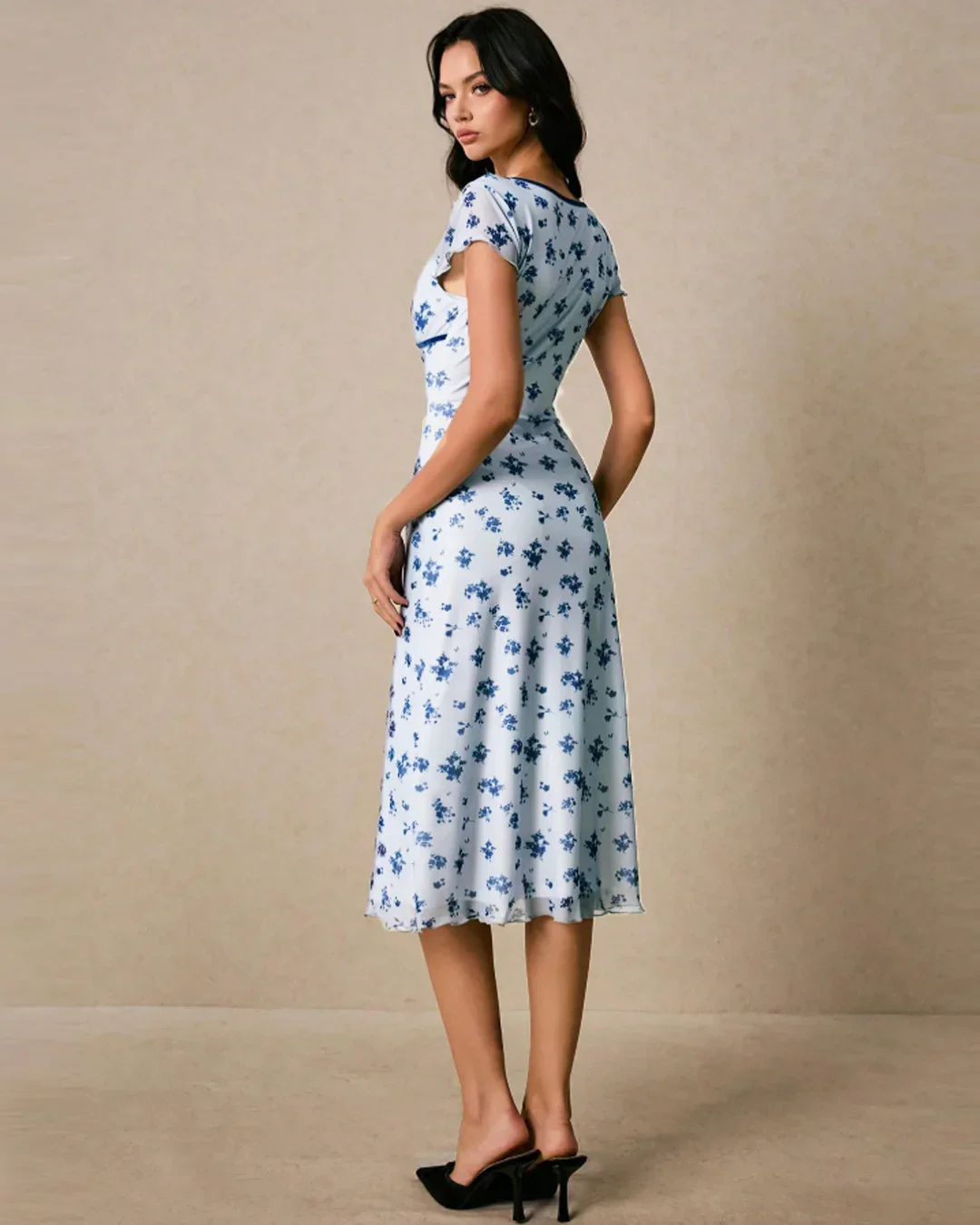 Blue Floral Print V-Neck Lettuce Trim Midi Dress - Image 2