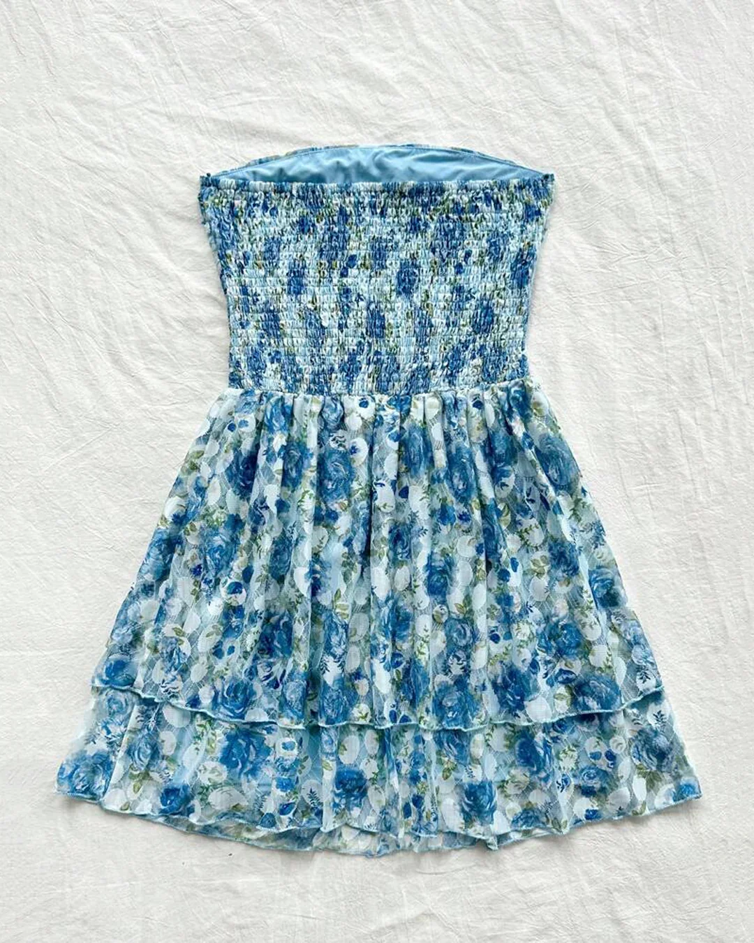 Blue Floral Strapless Ruched Mini Dress - Image 2