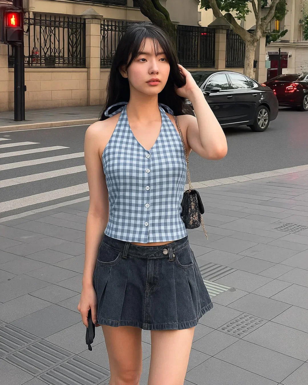 Blue Gingham Halter Neck Tie-Back Crop Top - Image 2