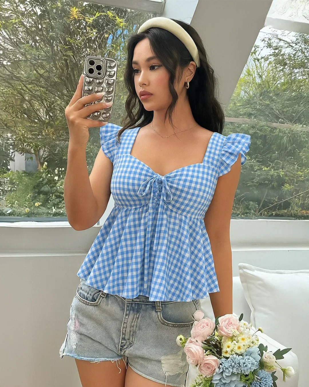 Blue Gingham Ruffle Sleeve Peplum Top with Front Tie - Image 2