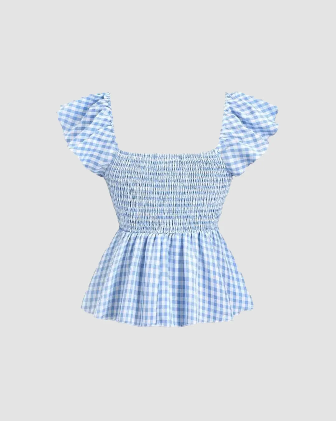 Blue Gingham Ruffle Sleeve Peplum Top with Front Tie - Image 3