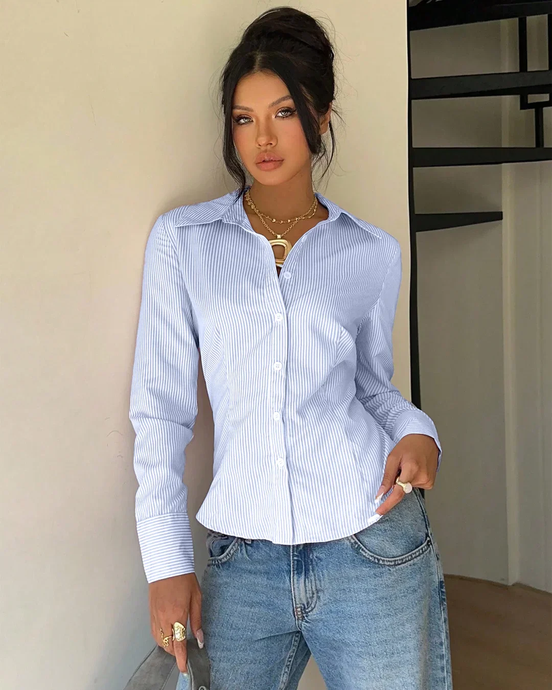 Collared Neck Slim Fit Lace-Up Back Full Sleeve Top in Blue - Image 2
