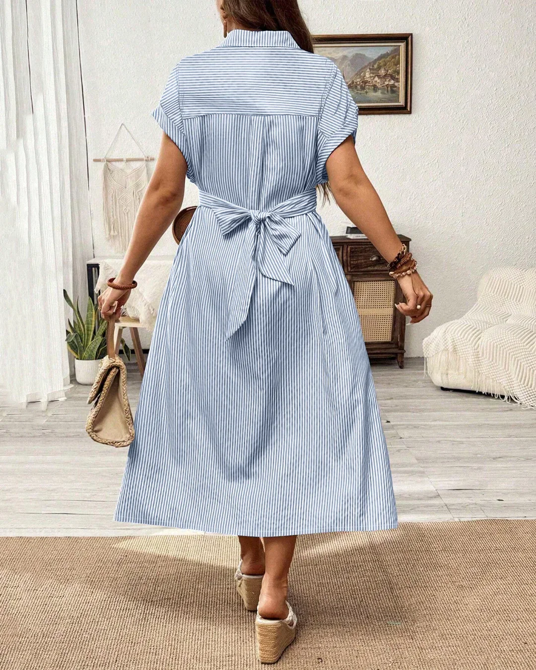 Blue Striped Collared Button-Down Twist Front Midi Dress Curve & Plus - Image 3