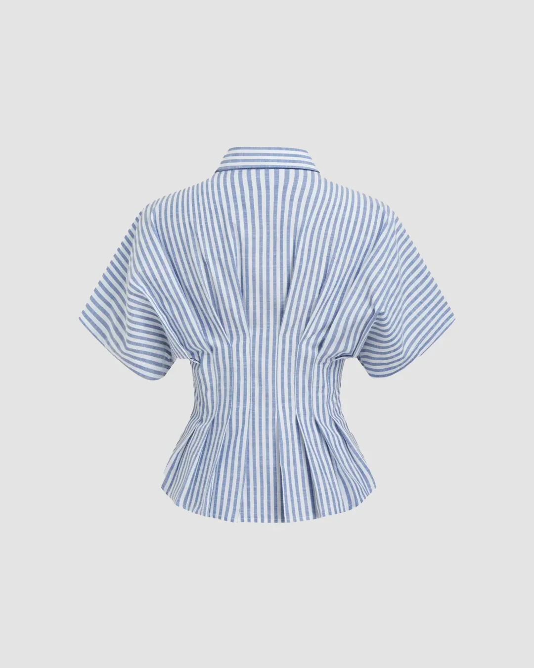 Blue Striped Collared Short Sleeve Cinched Shirt Top - Image 2