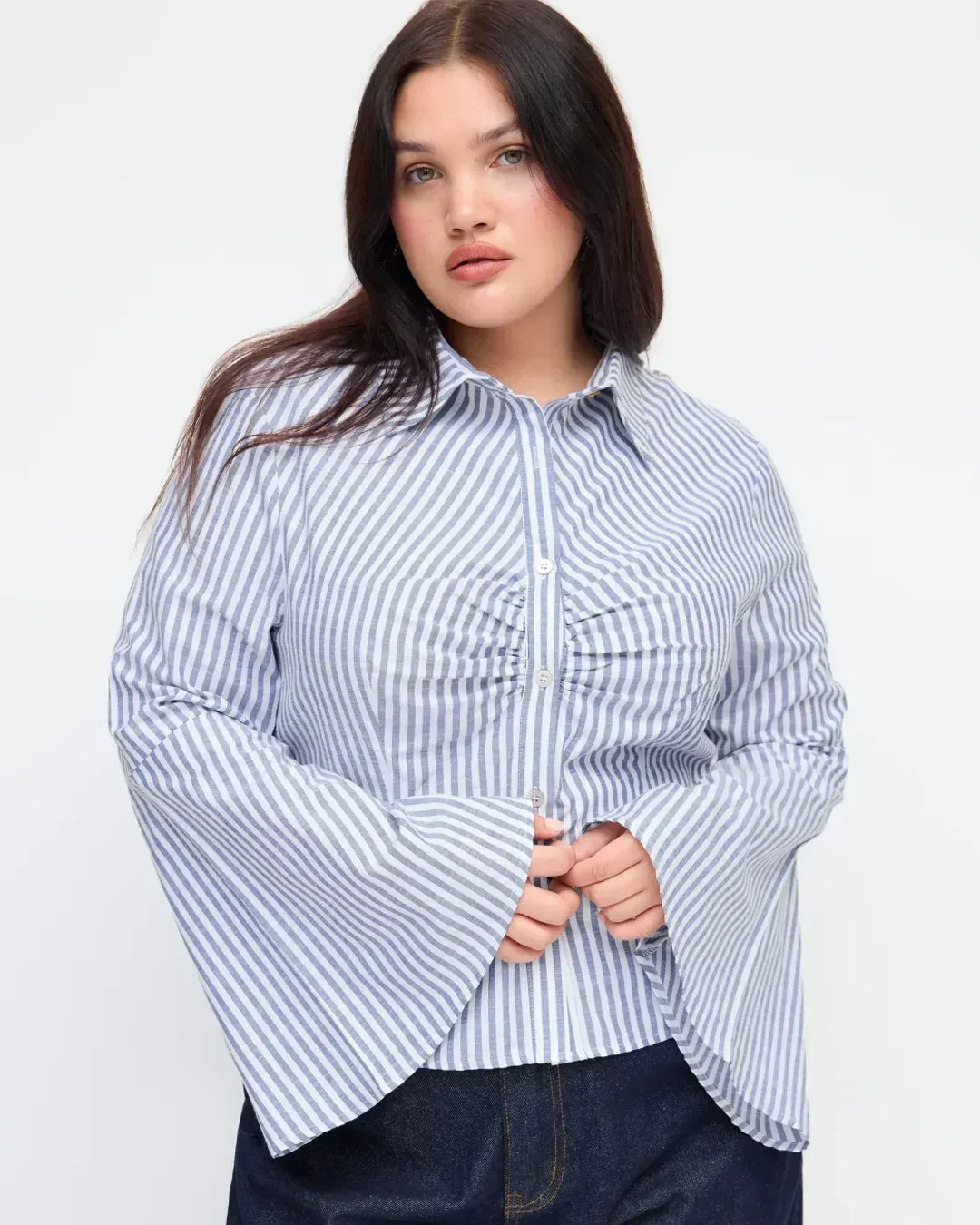 Blue Striped Flared Full Sleeve Shirt Curve & Plus - Image 3