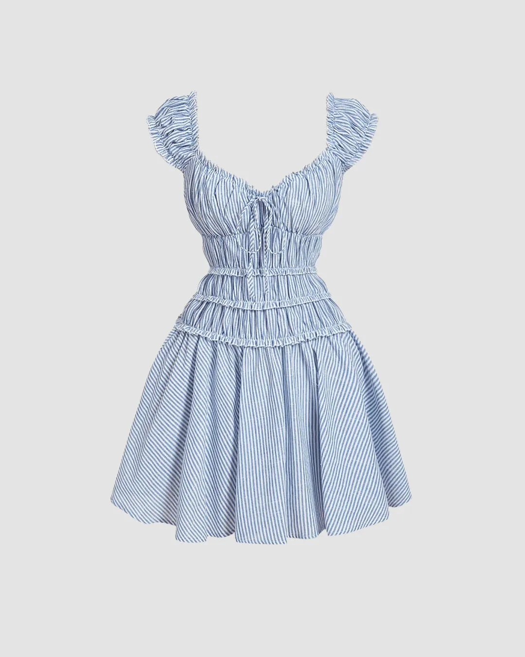 Blue Striped Smocked Mini Dress with Ruffle Sleeves - Image 2