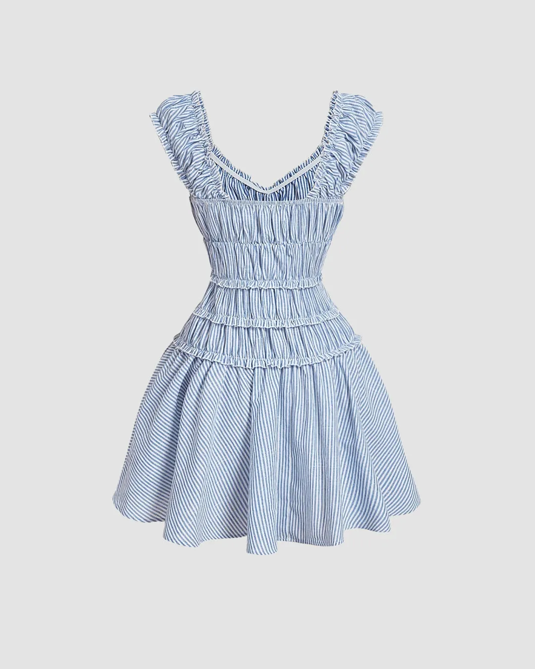 Blue Striped Smocked Mini Dress with Ruffle Sleeves - Image 3