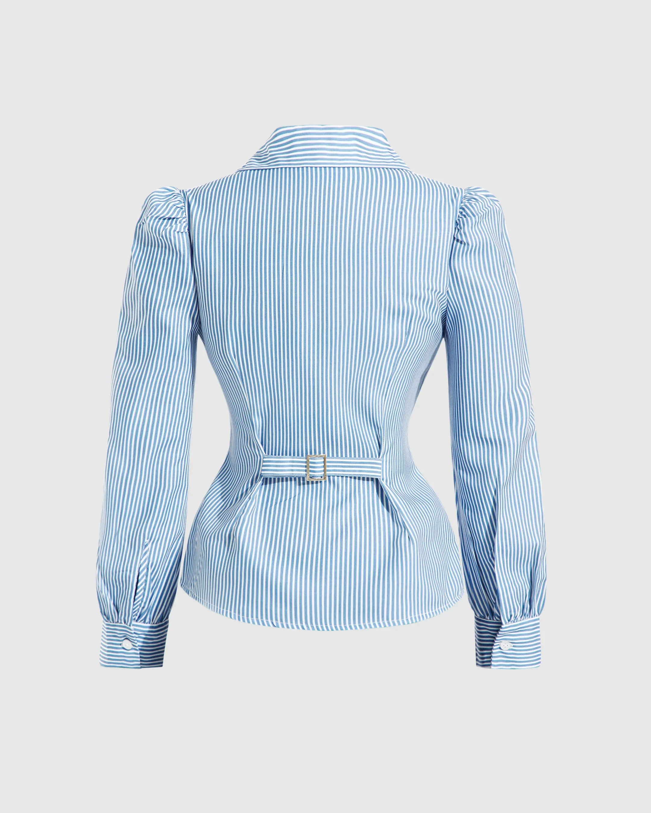 Wrap Style Collared Neck Striped Full Sleeve Top in Blue and White - Image 3
