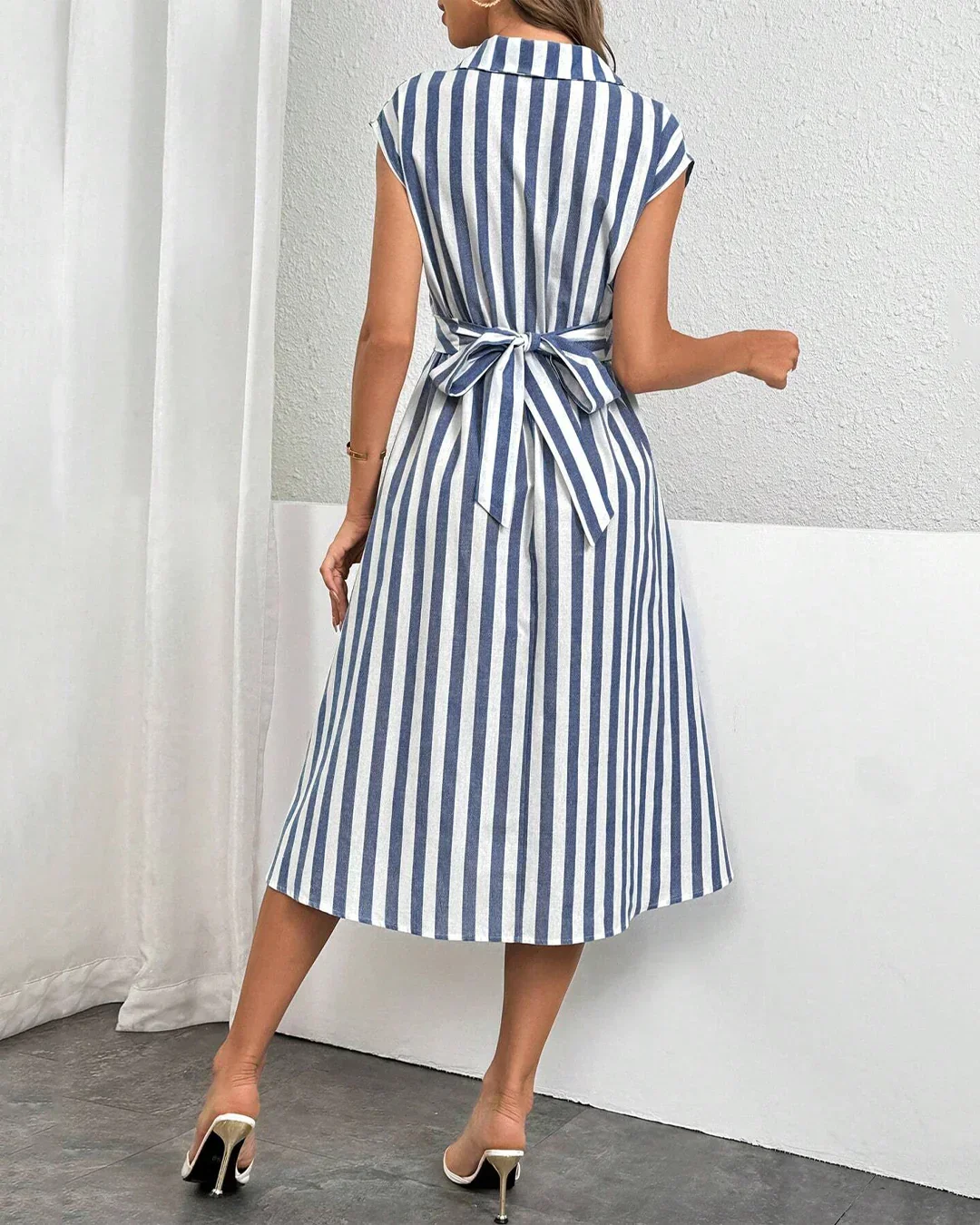 Blue & White Striped Collared Wrap A-Line Midi Shirt Dress - Image 2
