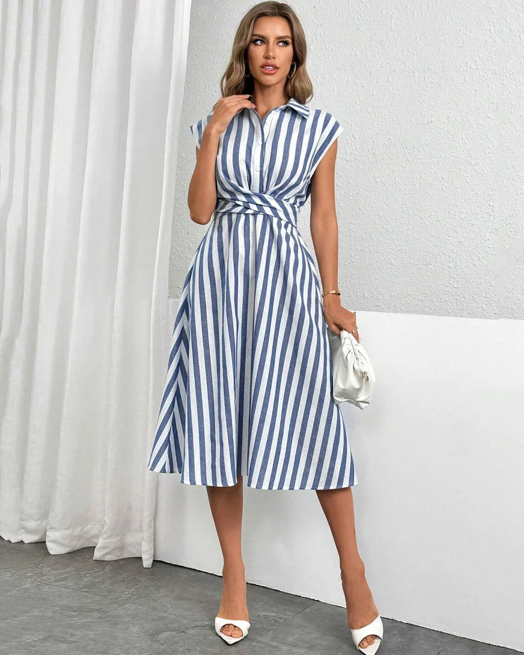 Blue & White Striped Collared Wrap A-Line Midi Shirt Dress - Image 3