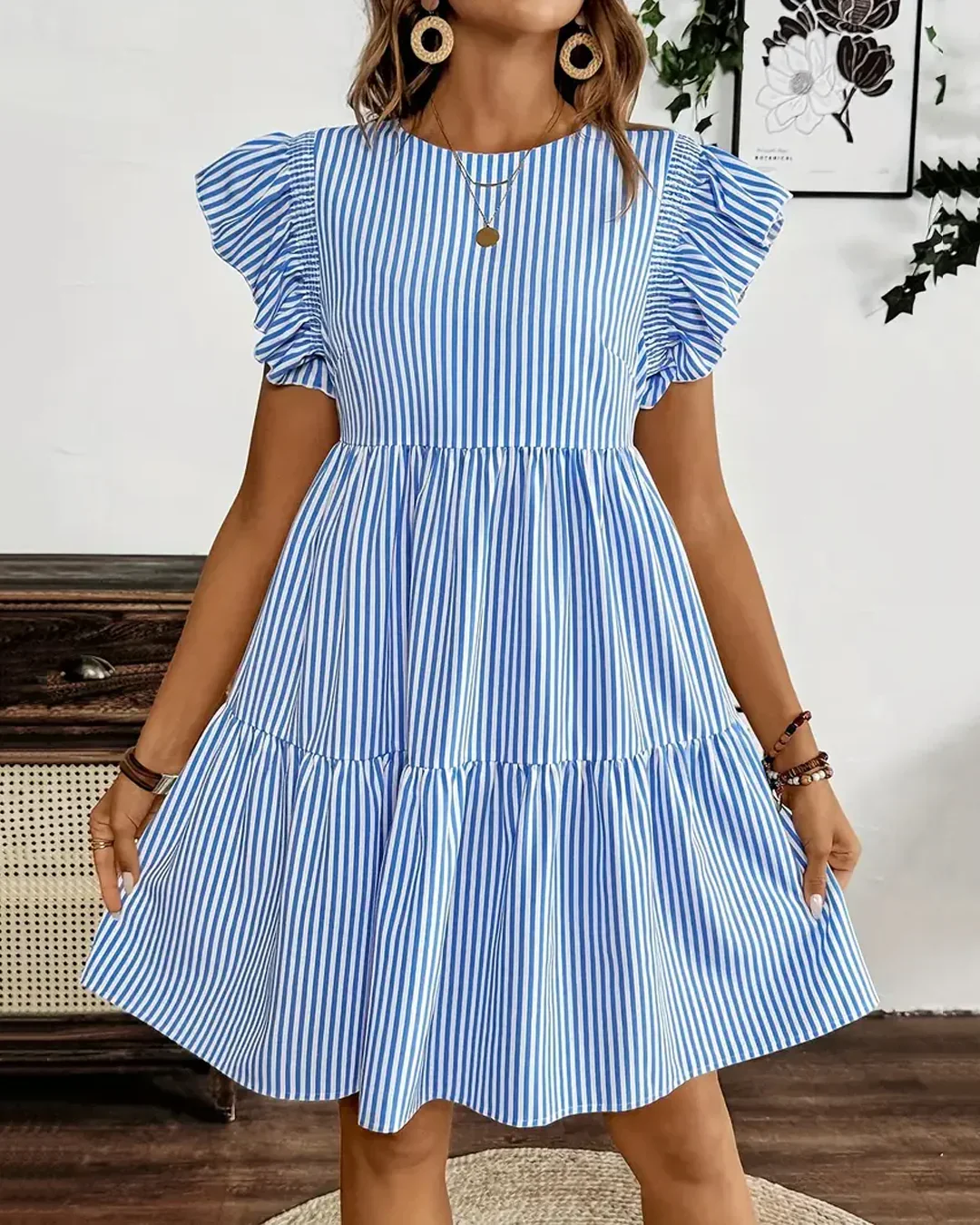 Blue & White Striped Ruffle Sleeve Tiered Mini Dress - Image 2
