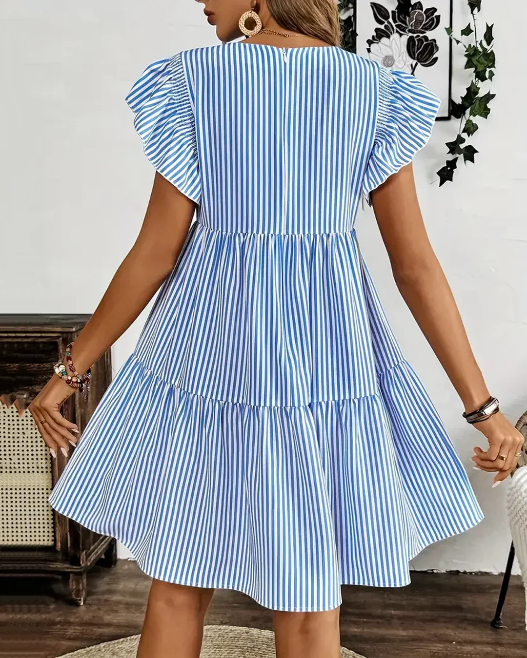 Blue & White Striped Ruffle Sleeve Tiered Mini Dress - Image 3