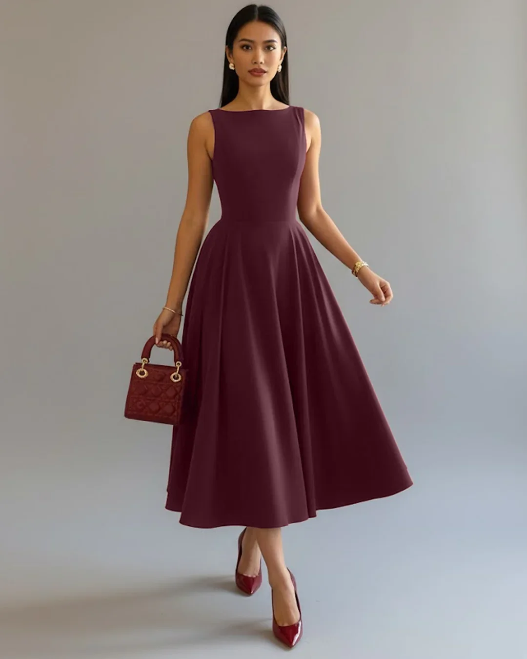 Boat Neck A-Line Solid Sleeveless Maxi Dress Maroon - Image 3