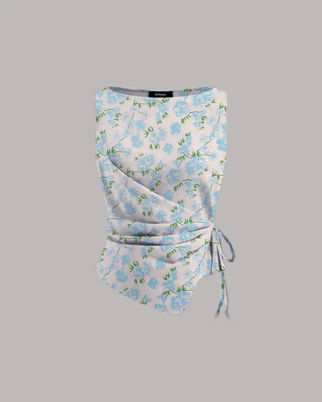 Boat Neck Asymmetrical Hem Floral Sleeveless Top in White and Blue - Image 2