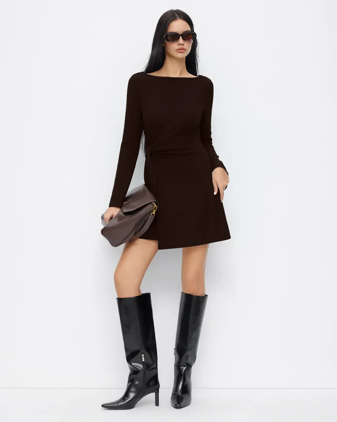 Boat Neck Bell Sleeve Tie Side Ruched Mini Dress - Image 4