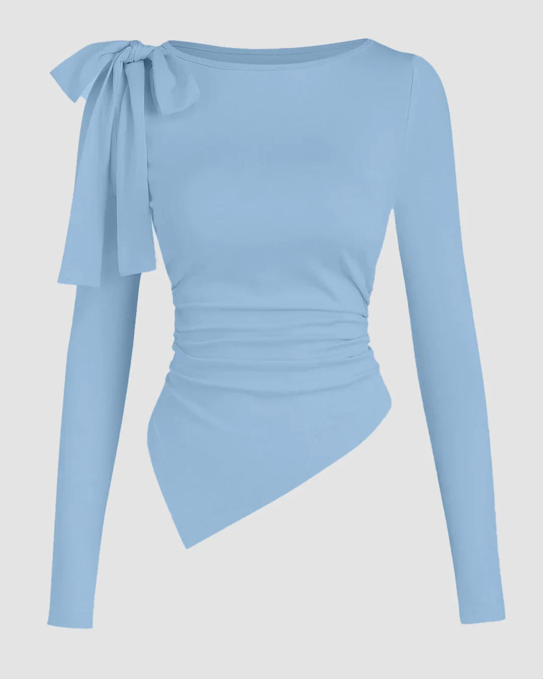 Boat Neck Bow-Shoulder Asymmetric Hem Full Sleeve Top in Blue