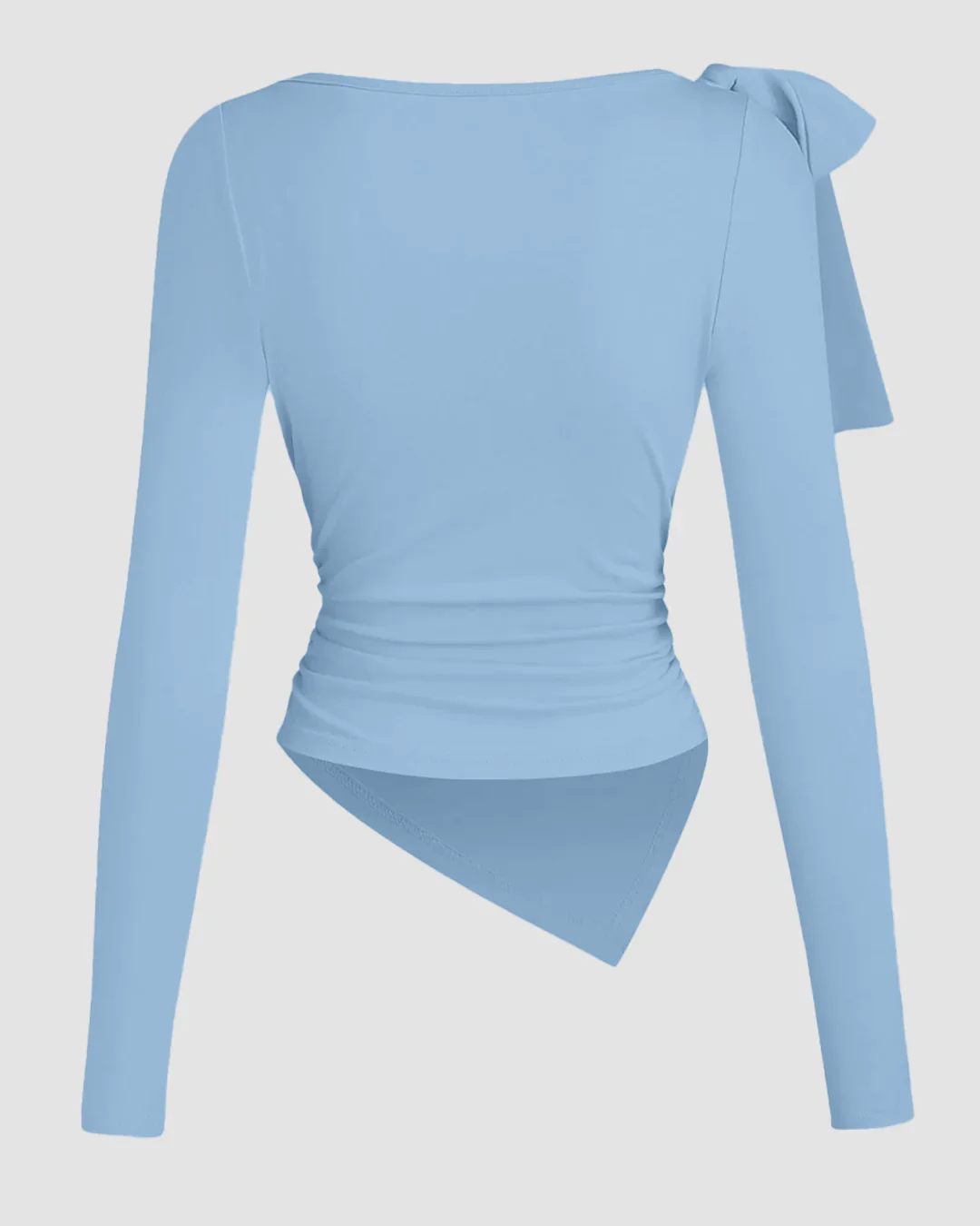 Boat Neck Bow-Shoulder Asymmetric Hem Full Sleeve Top in Blue - Image 2