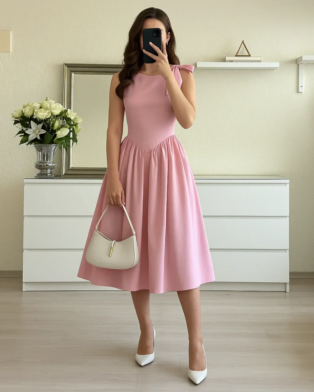 Boat Neck Midi Dress with Shoulder Bow in Dark Pink - Image 2