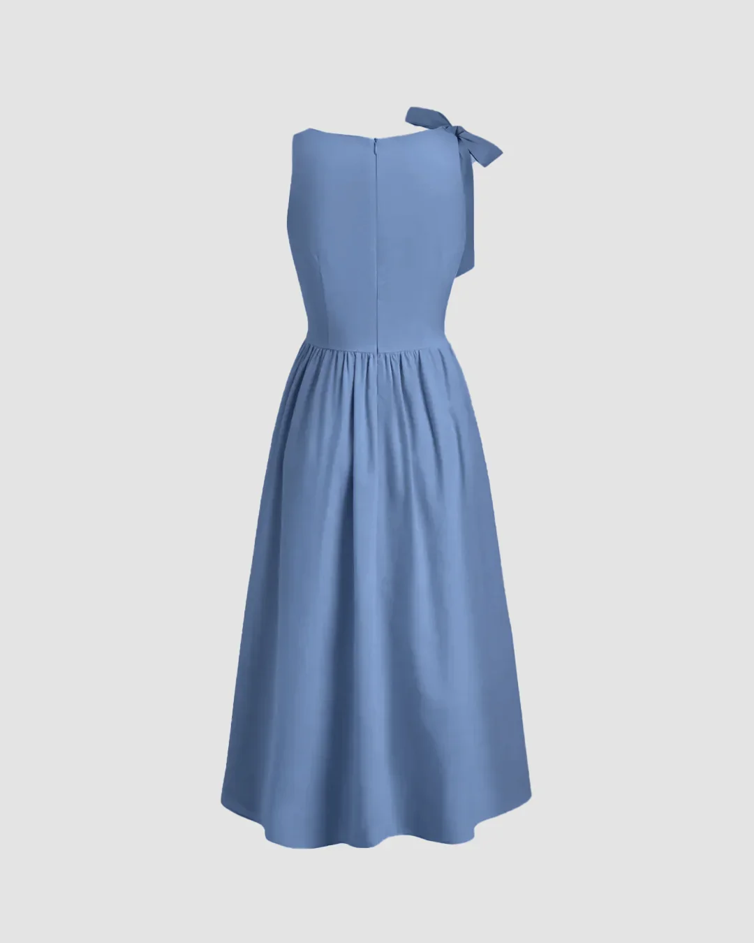 Boat Neck Bow Shoulder Fit and Flare Midi Dress in French Blue - Image 2