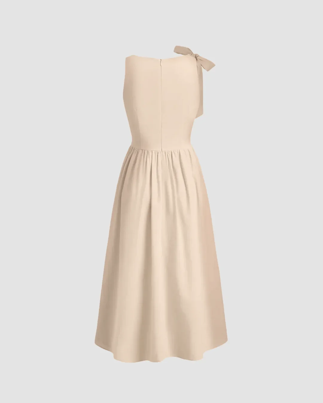 Boat Neck Bow Shoulder Fit and Flare Midi Dress in Light Khaki - Image 2