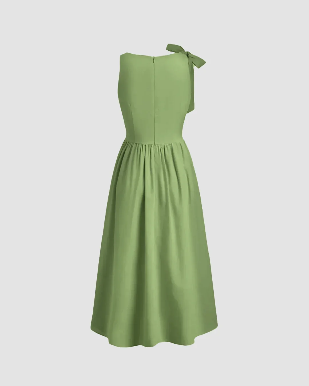 Boat Neck Bow Shoulder Fit and Flare Midi Dress in Light Pista - Image 2