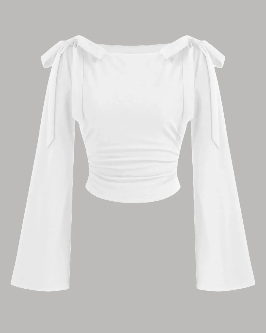 Boat Neck Bow Tie And Long Ruffled Sleeve Top in White