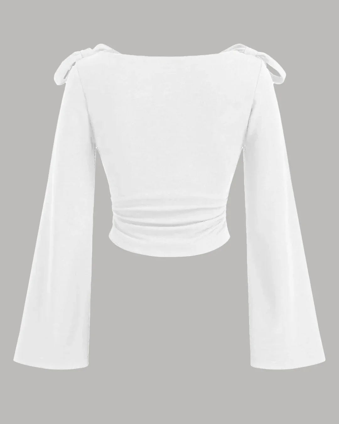 Boat Neck Bow Tie And Long Ruffled Sleeve Top in White - Image 2