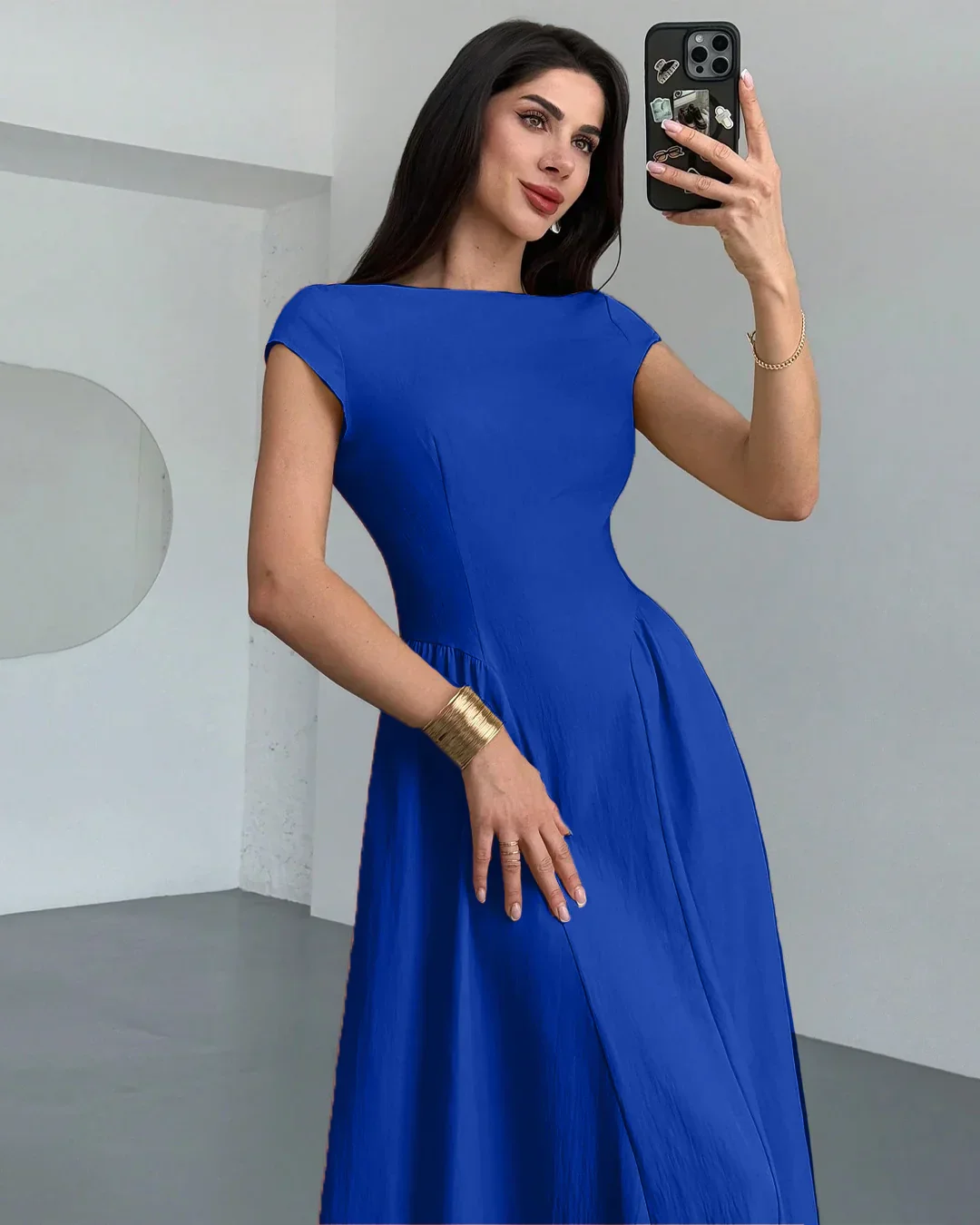 Boat Neck Flared Hem Midi Dress in Blue - Image 2