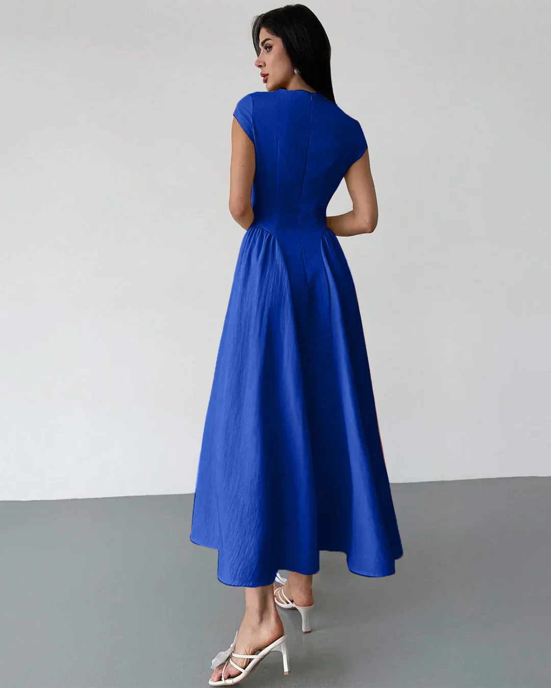 Boat Neck Flared Hem Midi Dress in Blue - Image 3