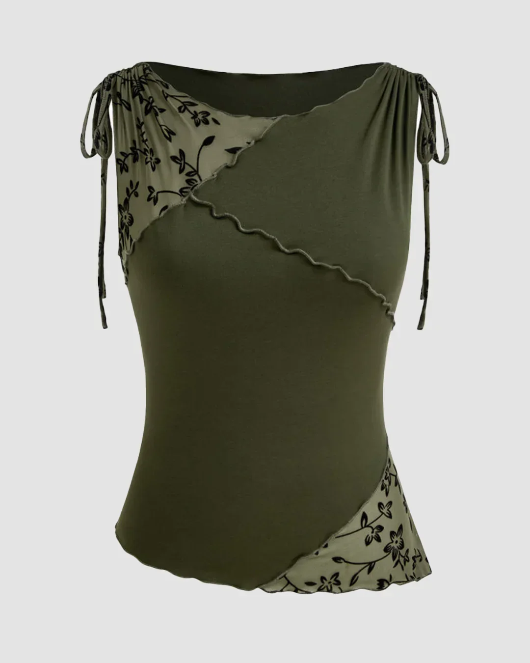 Boat Neck Floral Patched Tank Top in Green - Image 2