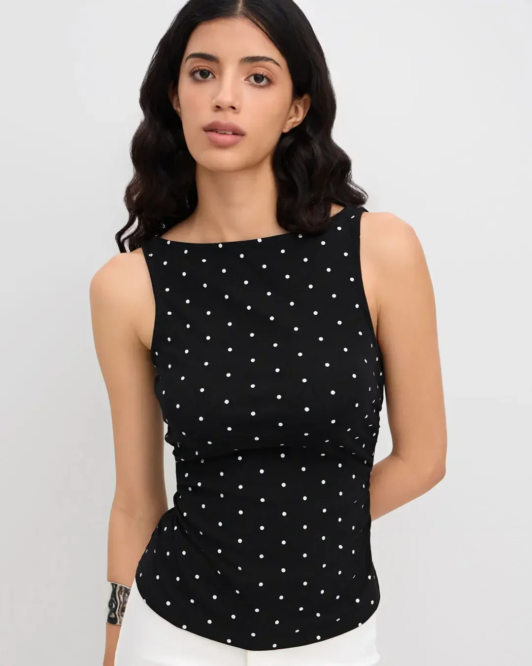 Party Polka Dot Ruched Sleeveless Top in Black - Image 4