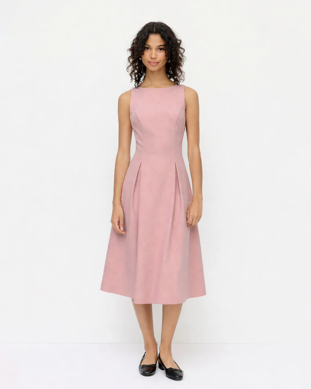 Boat Neck Pleated A-line Midi Cami Dress in Onion pink - Image 3