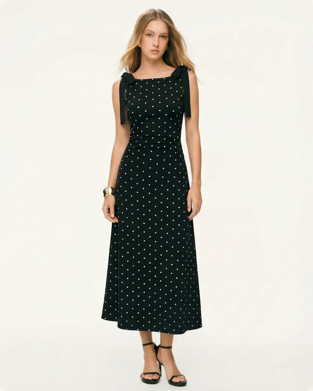 Boat Neck Polka Dot Bowknot Midi Dress - Image 4