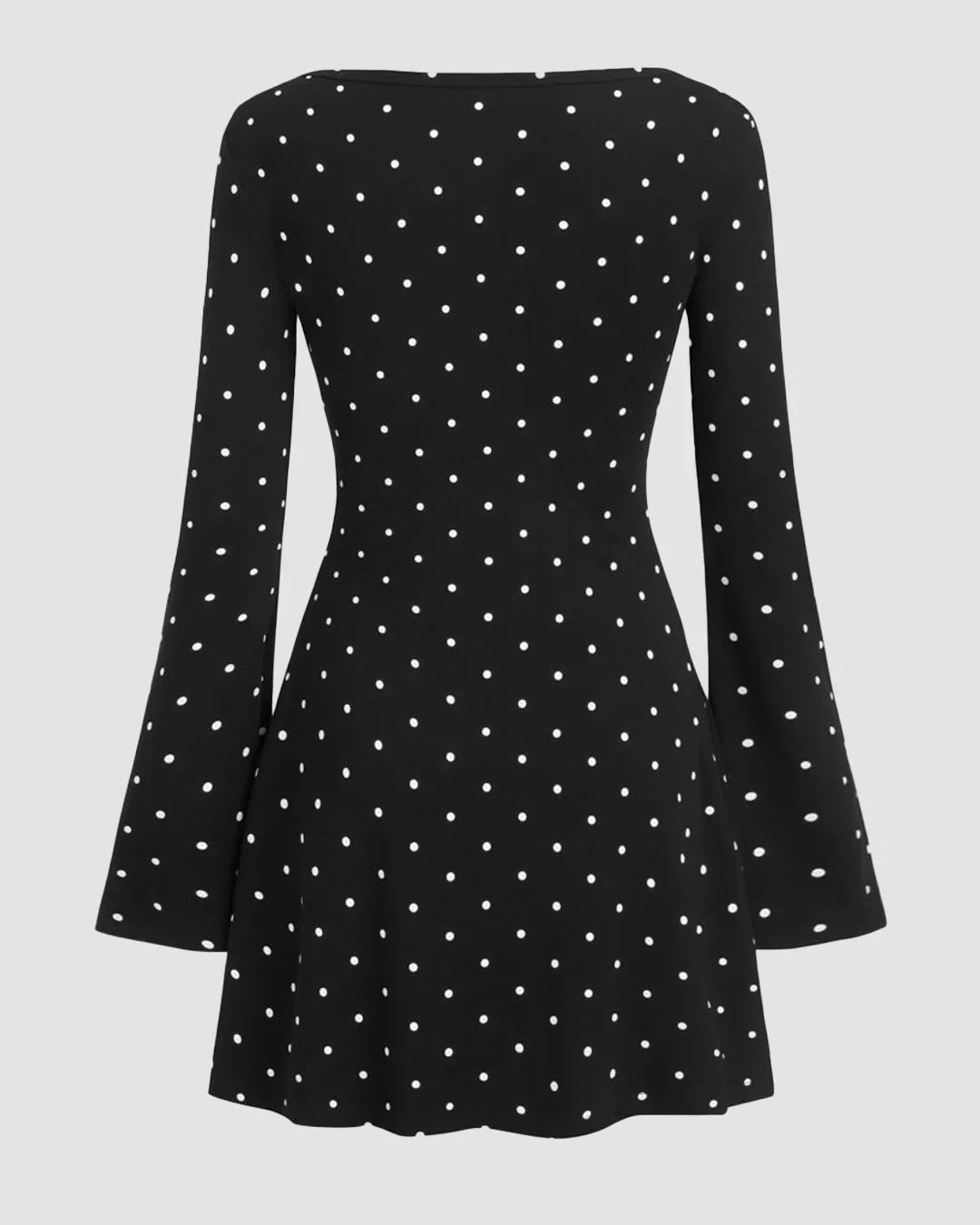 Long Sleeve Polka Dot Fit and Flare Mini Dress in Black - Image 2