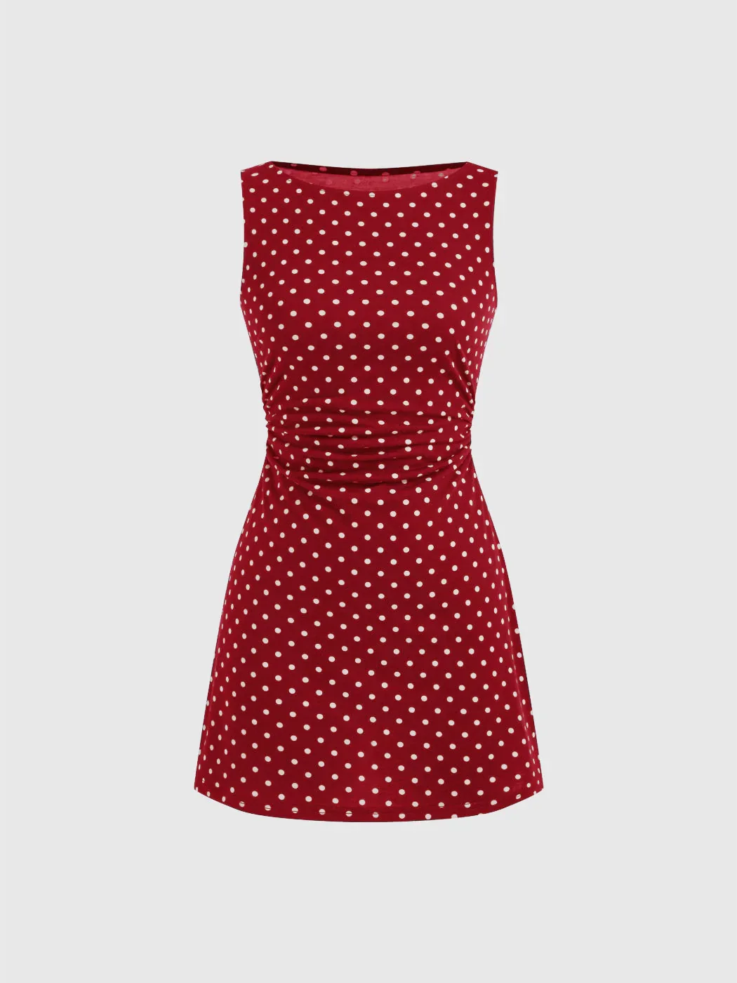 Boat Neck Polka Dot Ruched Mini Dress - Image 3