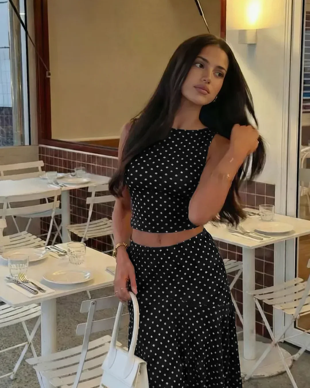 Boat Neck Polka Dot Top & Ruffle Hem Mid Rise Skirt Set - Image 2