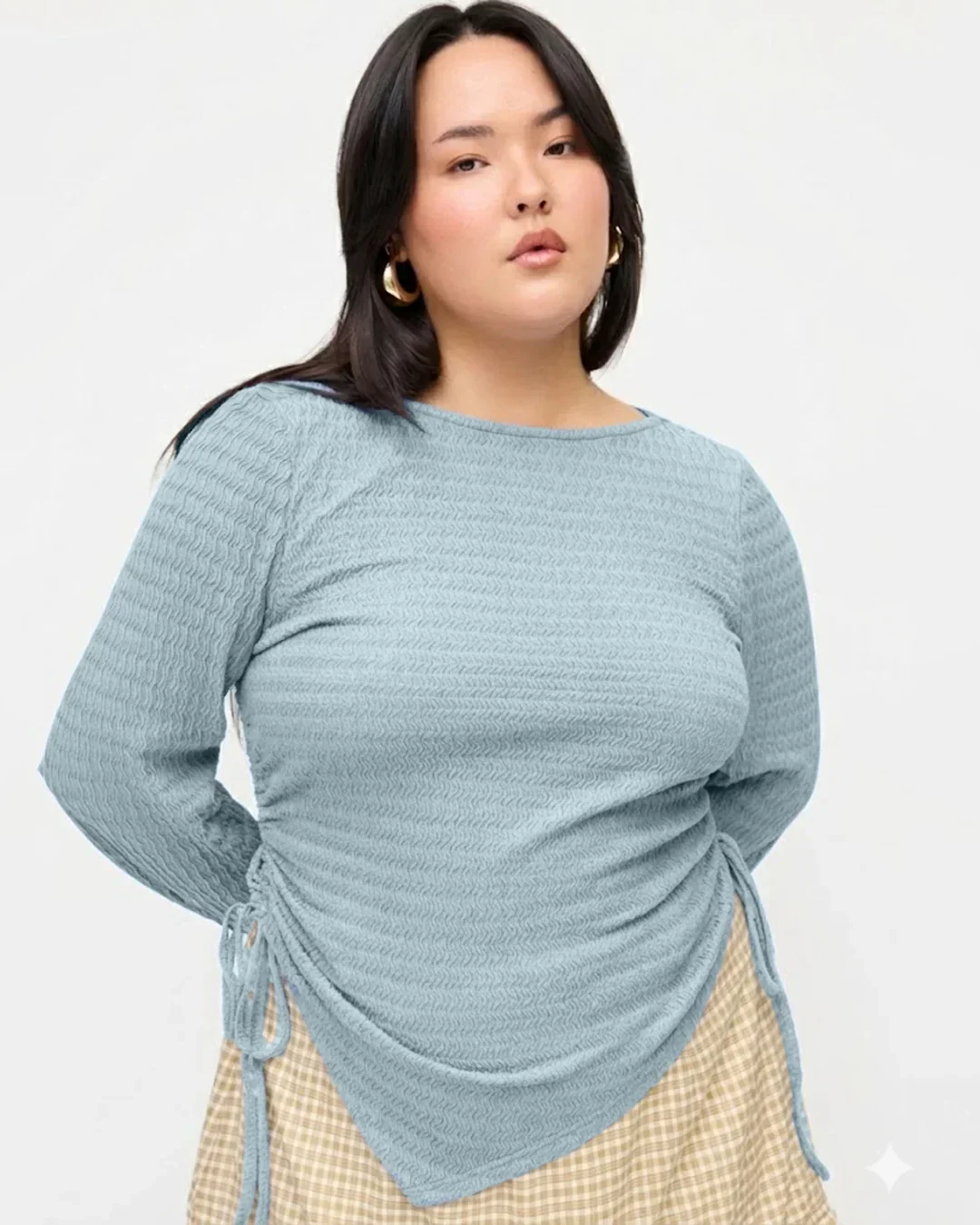 Boat Neck Ruched Drawstring Bell Sleeve Top Curve & Plus in Sky Blue - Image 3