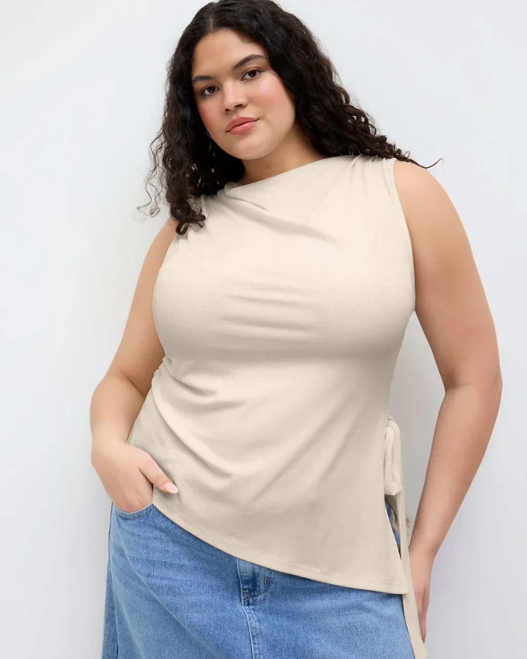 Boat Neck Ruched Split Knotted Asymmetrical Tank Top Curve & Plus in Apricot - Image 3