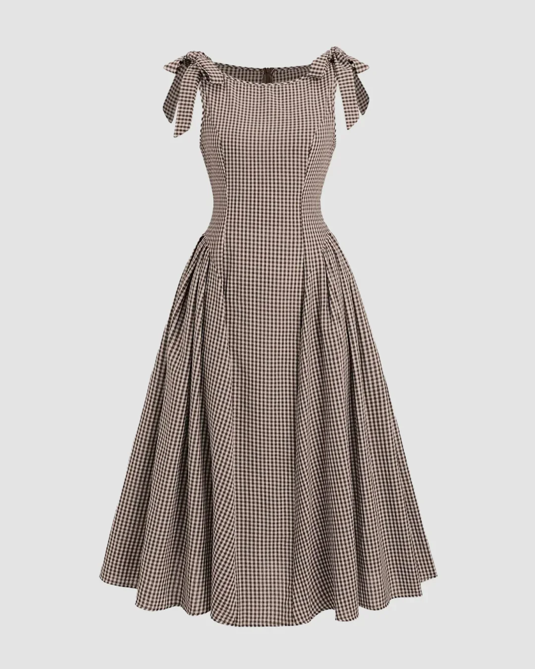 Boat Neck Slim Fit Flared Hem Gingham Tie-Strap Midi Dress