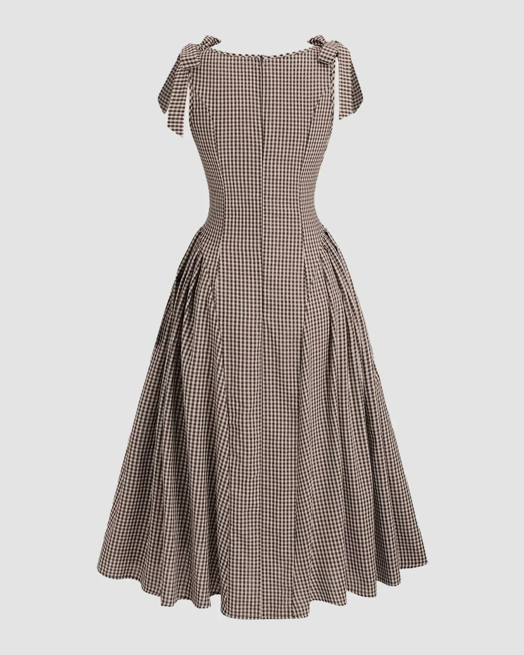 Boat Neck Slim Fit Flared Hem Gingham Tie-Strap Midi Dress - Image 2