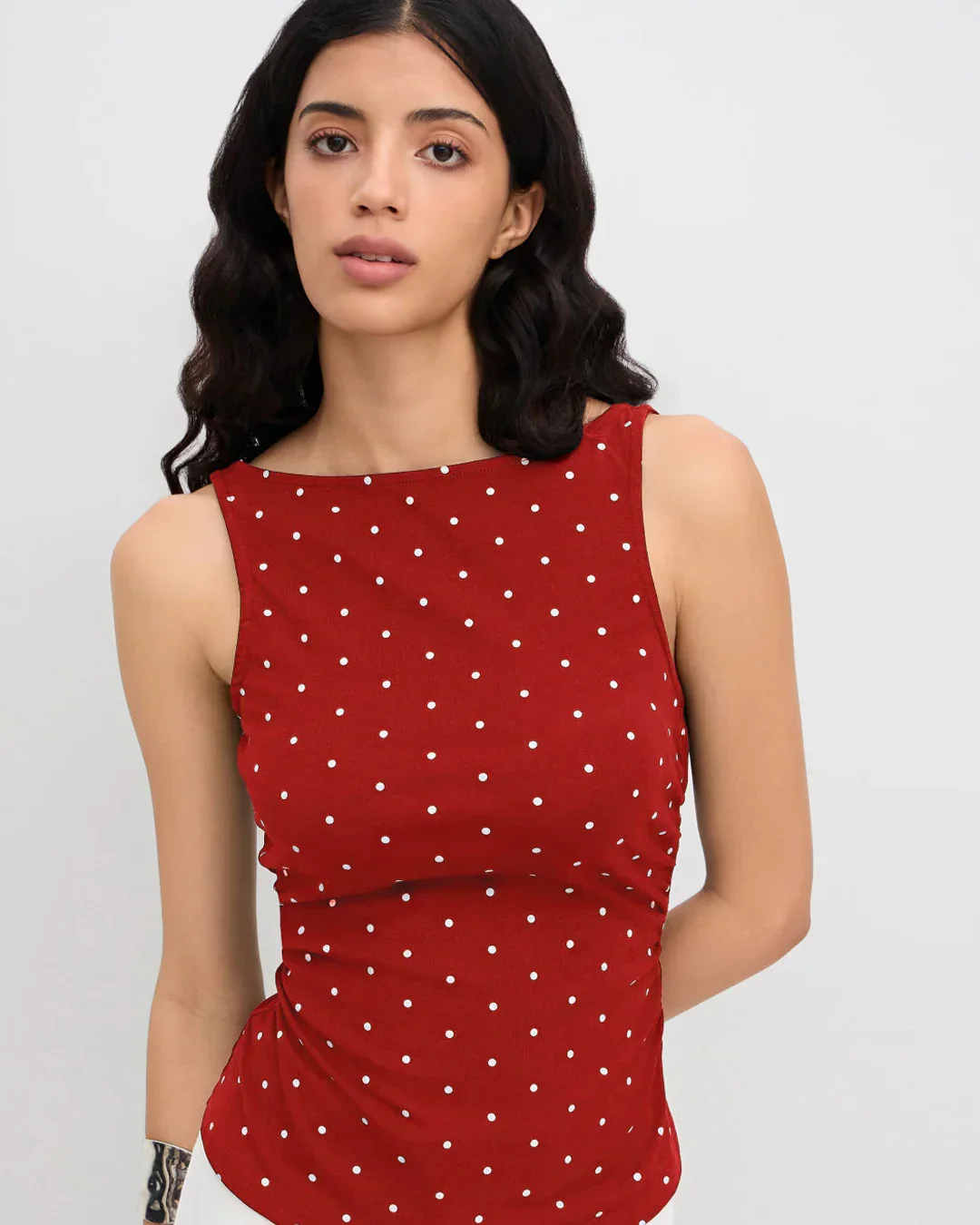Boat Neck Slim Fit Peplum Hem Polka Dot Sleeveless Top - Image 4