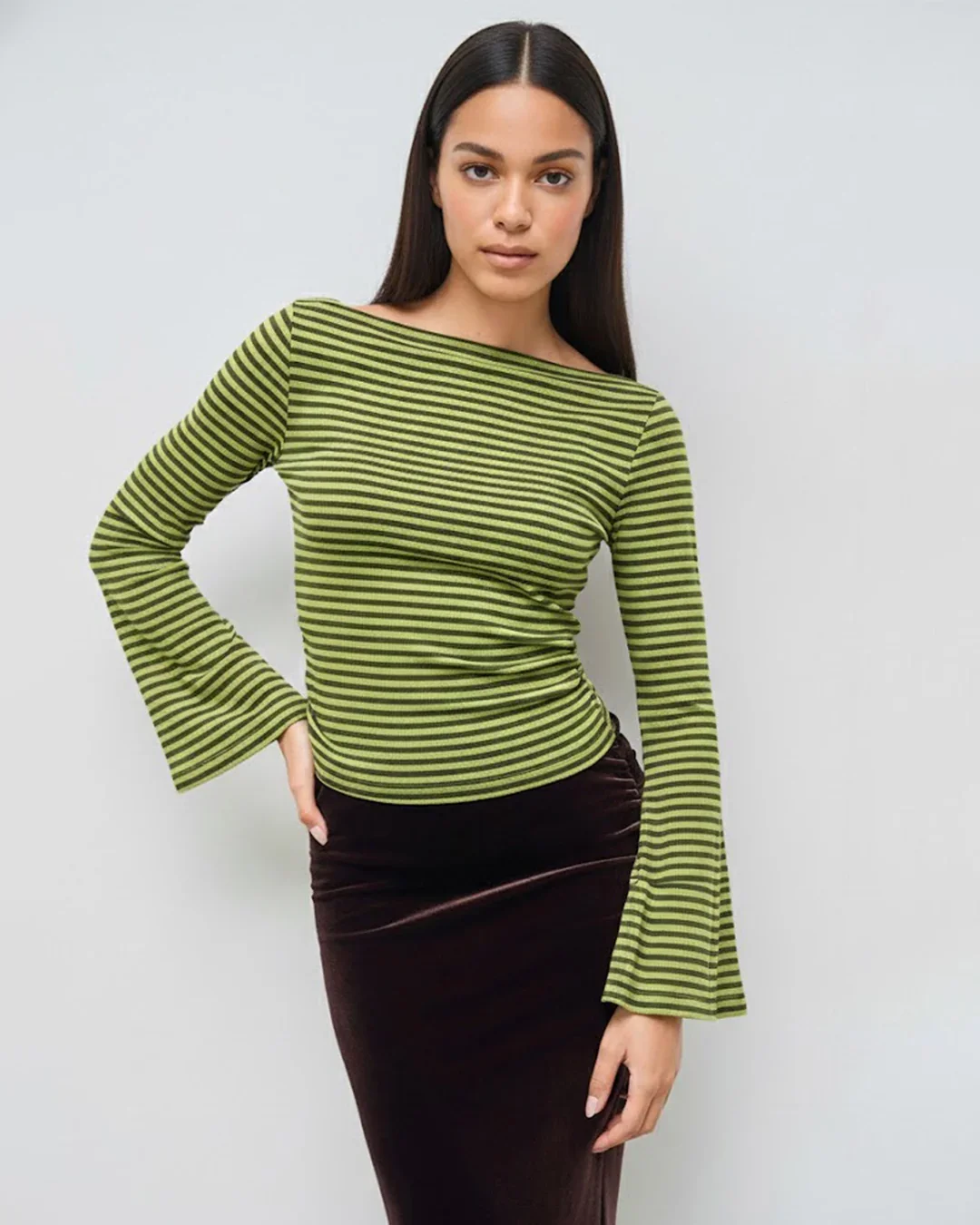 Boat Neck Slim Fit Straight Hem Striped Pattern Bell Sleeve Top