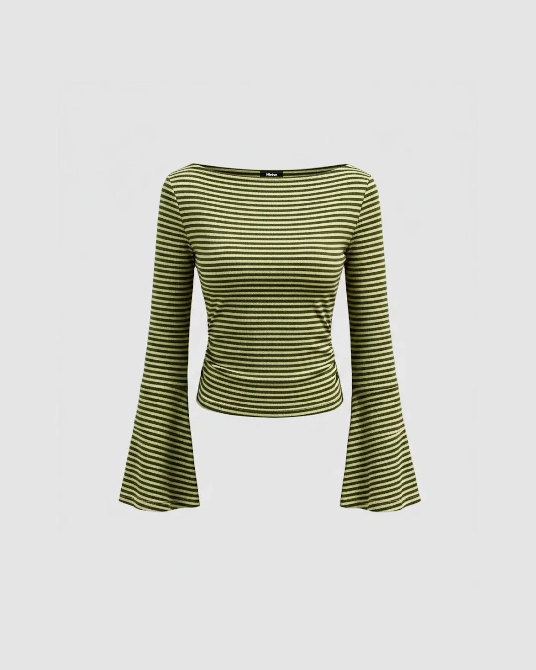 Boat Neck Slim Fit Straight Hem Striped Pattern Bell Sleeve Top - Image 2