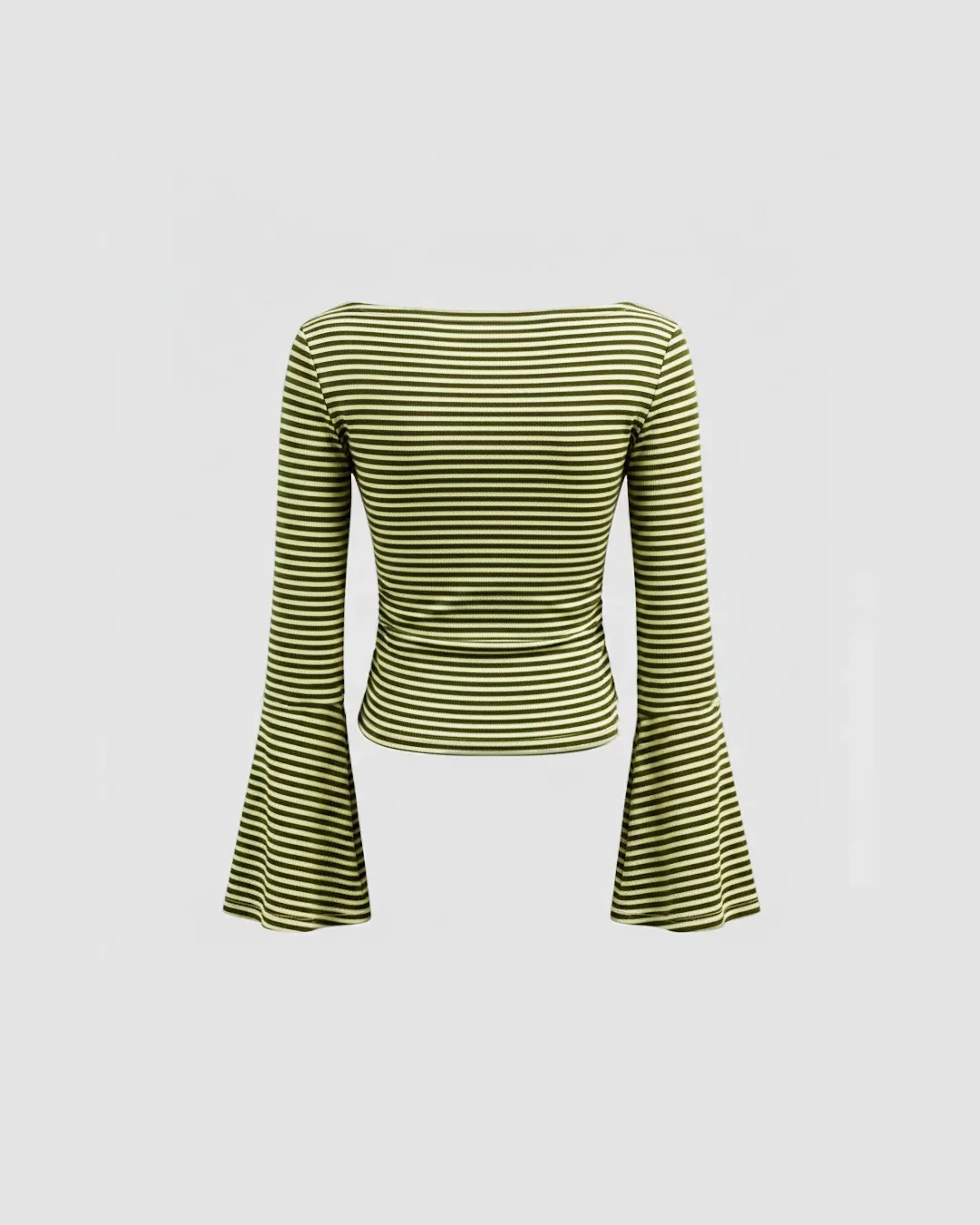 Boat Neck Slim Fit Straight Hem Striped Pattern Bell Sleeve Top - Image 3